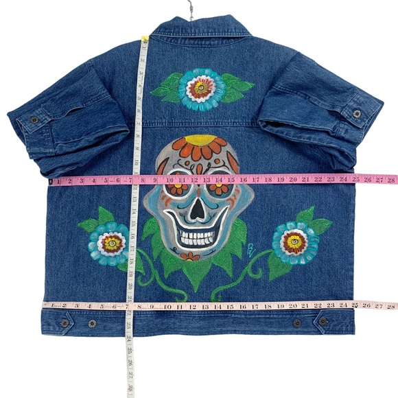 Hand Painted Blue Denim Jeans Jacket with Sugar Skull and Floral Motif - Picture 13 of 15
